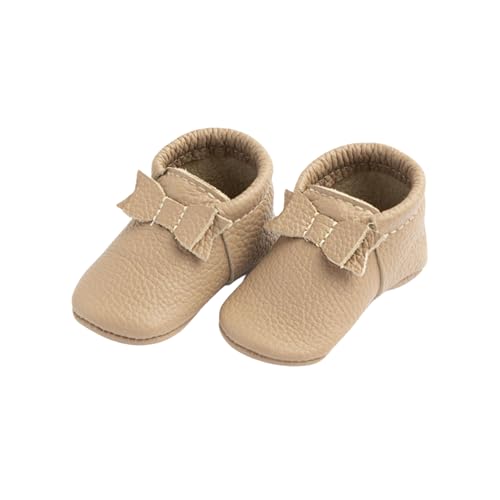 Image of Freshly Picked First Pair Bow Moccasins for Infant Girls - Leather Baby Moccasins - Soft Sole, Barefoot Shoes