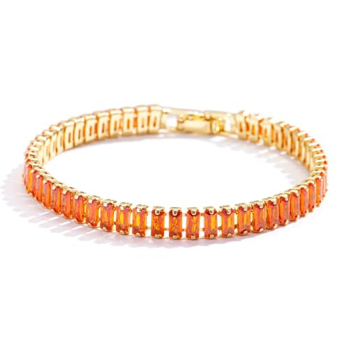 ROCOVOQUE 18K Gold-Plated Cubic Zirconia Womens Tennis Bracelet | Multiple Sizes 6.0-8.0 Inches Trendy Womens Orange-Red Tennis Bracelet7.5 inchs