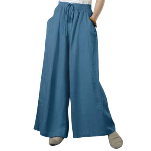 MLAFE Summer Linen Blend Wide Leg Pants Women' s Culottes Elastic Waist Casual Palazzo Trousers Solid Casual Loose Pantalon
