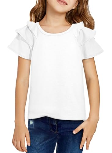 Girls Ruffle Sleeve Shirts Summer Cute Crewneck Blouse Tops 6-15 Years