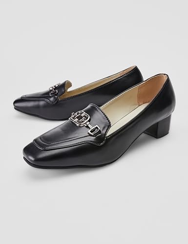 Image of ELLE Women's Square Toe Block Heels Slip-On Pumps with Buckle Detail