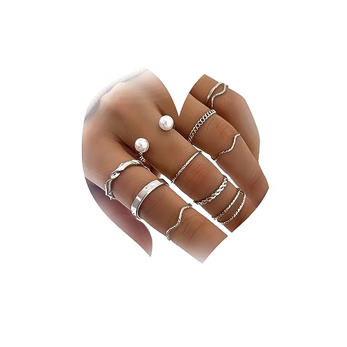 Chmier 10 Pcs Boho Knuckle Rings Set Dainty Twist Wave Minimalist Stackable Rings Pearl Statement Rings for Women Teen Girls