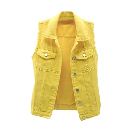 Chaleco de mezclilla amarillo para mujer 3XL con botones y solapa casual de otoño