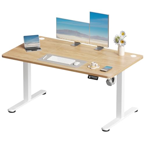 Devoko Electric Standing Desk 130x60cm Sit Stand Table Height Adjustable Desk with Backpack Hook and Memory Smart Pannel, Home Office Desk with Splice Board, Beige
