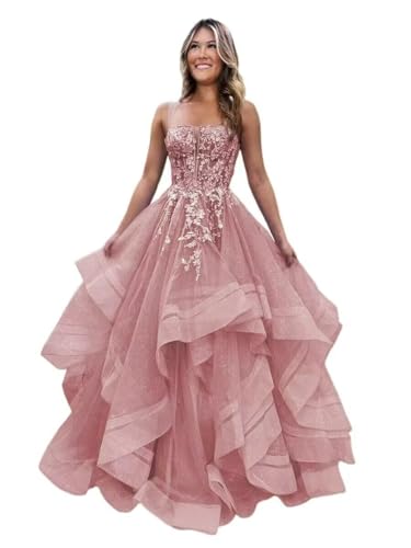 Sparkly Tulle Lace Prom Dresses for Women Teens Quinceanera Spaghetti Straps Tiered Applique Formal Evening Gowns Dusty Rose US10
