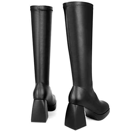 Image of SOVANYOU Black Leather Boots Platform Boots for Women Fashion Square Toe Chunky Block Heeled Boots Side Zip