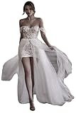 BaoWw Women's Off The Shoulder Mini Wedding Dresses for Women with Detachable Train Lace Applique Short Bridal Gowns White