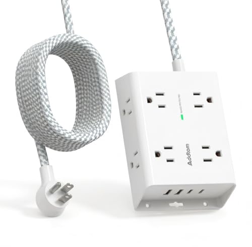Addtam Protector contra Sobretensiones Regleta de Energía, 8 Tomas con 4 Puertos USB (2 USB C), Cable de Extensión de 15 pies con Múltiples Tomas, Extensor de Salida de 3 Lados, Enchufe Plano, Montaje en Pared, ETL, Blanco