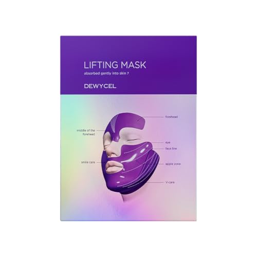 DEWYCEL 7Lifting Mask|Adenosine+Peptides+5types of hyaluronic with 7 Point HydroGel tex Mask| Improves Forehead,Jaw,Frowns,Apple zone,smile lines,mouth,eye,chin|Hydrating,Elasticity| 4Pack for 4weeks