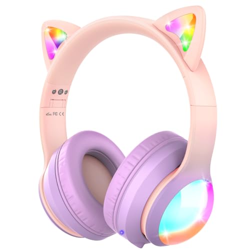 FosPower Kids Bluetooth 5.2 Headphones with LED Cat Ears (85/94dB Volume Limit & 100H Play Time) Foldable Wireless/Wired Headset with 3.5mm Cable for School/Travel - Light Pink/Light Purple