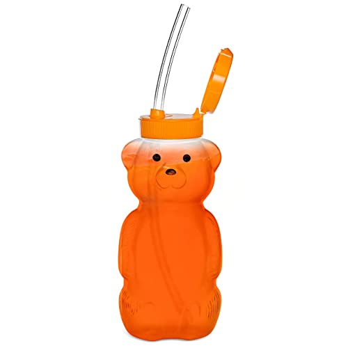 Image of Special Supplies Honey Bear Straw Cup Long Straws, Squeezable Therapy and Special Needs Assistive Drink Container, Spill Proof and Leak Resistant Lid (Pack of 1 Bottle and 3 Straws)