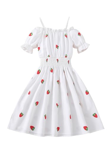 Floerns Girl's Summer Midi Dress Strawberry Cold Shoulder Puff Sleeve Cute A Line Dresses