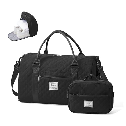 Image of Gym Duffle Bag for Women with Shoe Compartment Waterproof Travel Tote Bags Personal Item Carry On Weekender Overnight Bags with Toiletry Bag Swimming Yoga Bags Hospital Holdalls Black