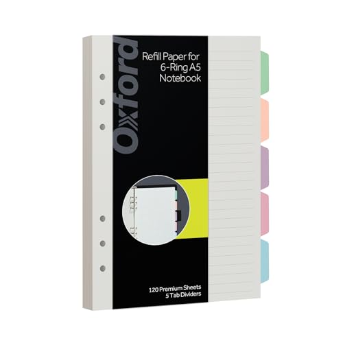 Oxford A5 Refill Paper, 6 Ring Lined Paper with Pastel Binder Dividers, 5 Tabs, 120 Sheets, 6 x 8.25