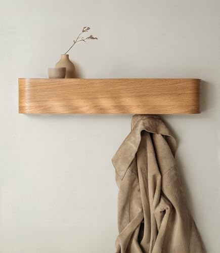 Kazai. Wall-Mounted Coat Rack 'Toke' - Modern Design Coat Rack with Hidden Wall Hooks - Solid Wood Veneer Panel Coat Hanger - Oak