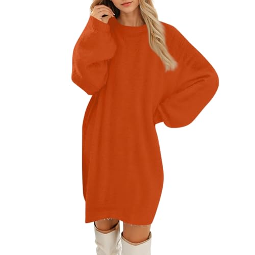 Pulloverkleid Damen Strickkleid Winterkleid Modische Knielang Wollkleid Langarm Rundhals Sweatkleid orange XL