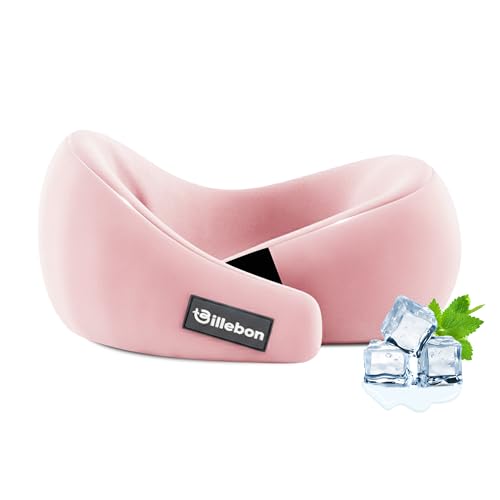 Image of Billebon Gel Infused Memory Foam Neck Pillow, Travel Pillow with Adjustable Velcro Straps, Neck Pillow for Travelling & Flight Travel, Ergonomic Support for Comfort & Pain Relief (Pink)