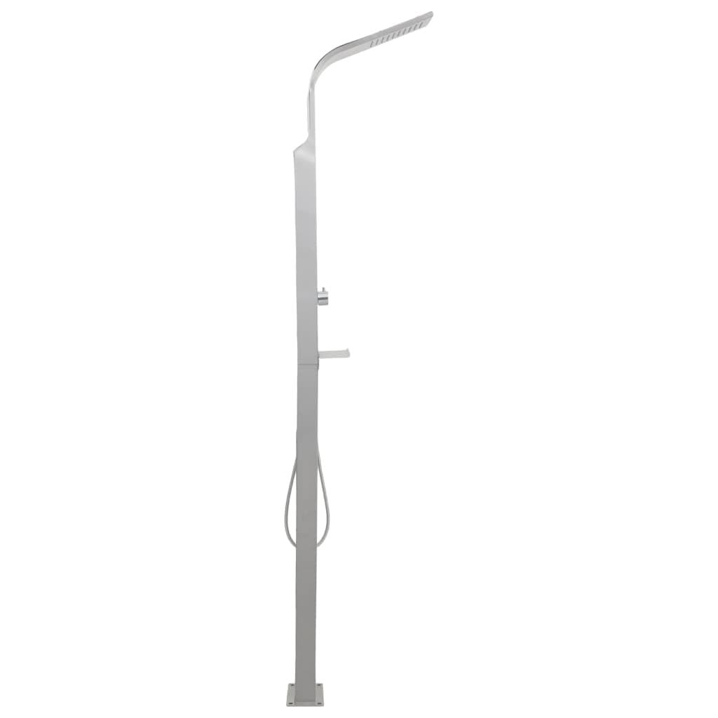 Mangloder - Doccia da giardino in acciaio inox curvo 201 spazzolato, 210 cm, soffione a pioggia, 50 getti, tubo flessibile da 150 cm, per giardino, terrazza, piscina, vasca idromassaggio, facile da