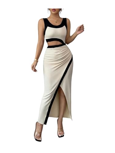 GORGLITTER Women's Color Block Bodycon Maxi Dress Sleeveless Cut Out Ruched Summer Church Easter Graduation Long Dress4