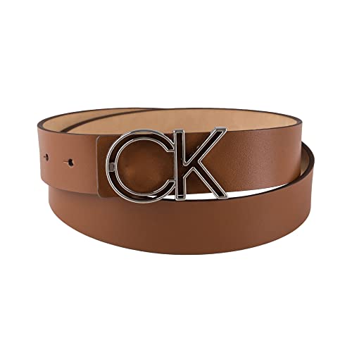 Calvin Klein Cinto casual masculino com fivela de placa CK, TAN, pequeno