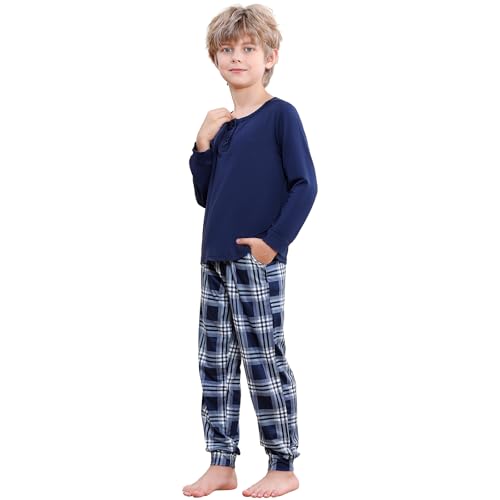 Comfyouth Schlafanzug Jungen Langarm Zweiteiliger Schlafanzüge mit 2 Taschen Winter Kinder Pyjama Set Langärmeliges Shirt und Karierte Hose mit...