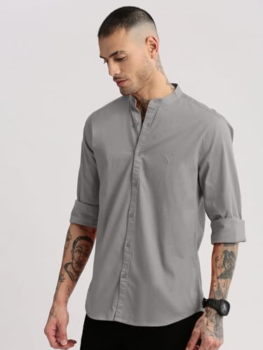 Image of SHOWOFFFF Men Solid Casual Shirt | Mandarin Collar Full Sleeves Cotton Shirt for Mens | Slim Fit Regular Length Shirt for Men's