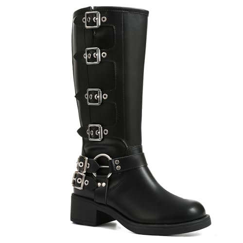 Image of AMINUGAL Knee High Boots Women Square Toe Pull On Wide Calf Riding Fashion Buckles Chunky Metallic Casual Vintage Buckle Rivet