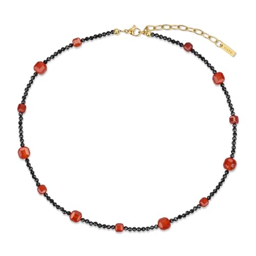GAVU Collier Ras du Cou Femme, Collier Spinelle Noire/Cornaline Rouge, Chaîne en Acier Inoxydable Plaqué Or 18K