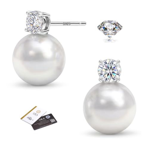 LOLIAS Moissanite Pearl Drop Earrings for Women - Hypoallergenic 925 Sterling Silver Stud Earrings for Sensitive Ears 10MM White Pearl Earring Formal Prom Bridal Wedding Earring Trendy Jewelry Gifts