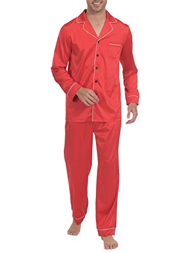 Indefini Men's Satin Pajama Set Button Down Silky Pj Sets Sleepwear Loungewear, Red - L