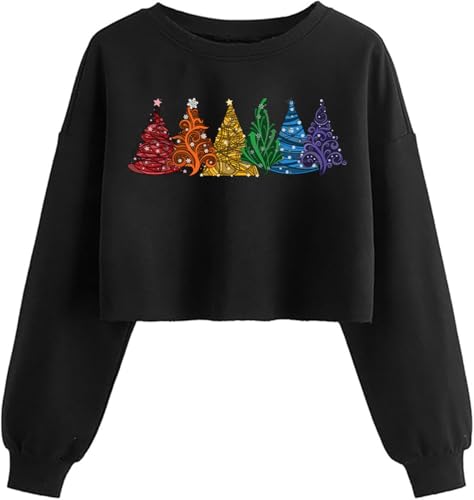 Women's Funny Christmas Graphic Crop Sweatshirts Xmas Holiday Party Casual Lantern Long Sleeve Pullover Tops