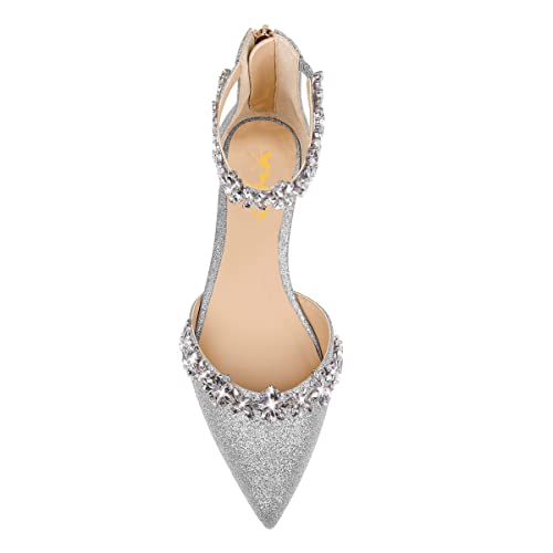 Image of XYD Women Classic Pointed Toe D'Orsay Wedding Flat Sandals Sparkly Rhinestones Ankle Strap Low Heel Dress Shoes with Zipper