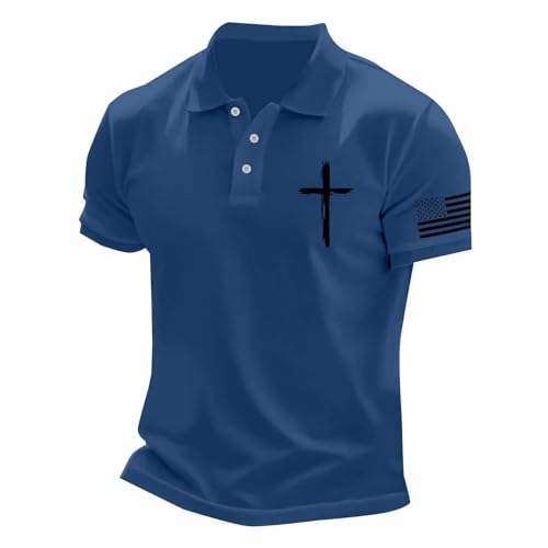 Men's Polo Shirts Short Sleeve Gradient Christian Jesus Faith Cross American USA Flag Golf T-Shirts Casual Work Tops - Main Image