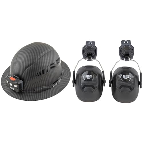 Klein Tools 60347 Hard Hat & 60502 Earmuffs, Full Brim Hard Hat Attachment, 26dB Noise Protection, for Construction, Manufacturing, Maintenance, Woodworking