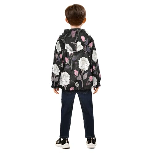Floral Skulls on Dark Background Toddler Fleece Jacket Girl Boys Hooded Fleece Jacket Coat Warm Outwear Zip-up 3-10T4