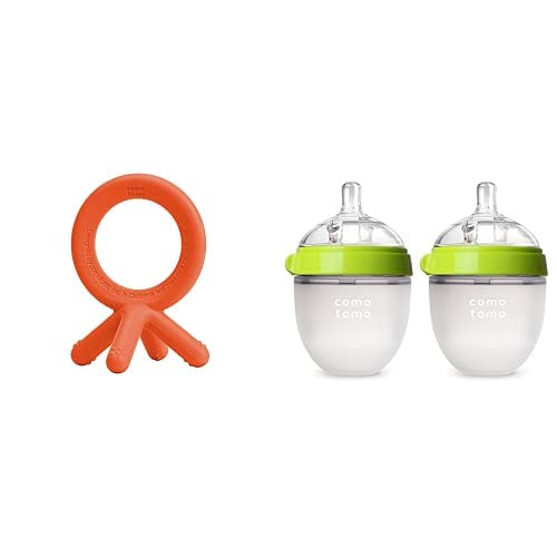 Comotomo Baby Bottle, Green, 5 Ounce (4 Count), Comotomo Silicone Baby Teether, Orange