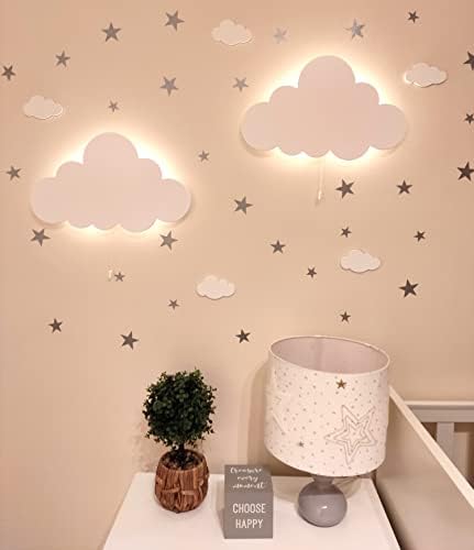 Happy Woody Cloud Wall Light for Nursery / Baby Room Lighting / Kids Room Wall Decor / Children Night Light / Warm White Led Light (White)