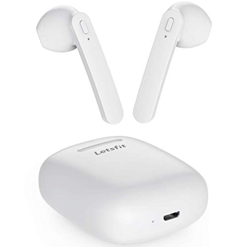 Wireless Earbuds, Letsfit Bluetooth 5.0 Headphones HD Stereo Sound Earbuds, in-Ear Headset 30H Playtime with Charging Case, Bluetooth Earbuds Built-in Mic for Running Gym Workout, White (T12)