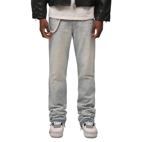 Men Fashion Pearl Jeans High Waisted Relaxed Fit Straight Leg Hip Hop Denim Pants Casual Trousers Streetwear