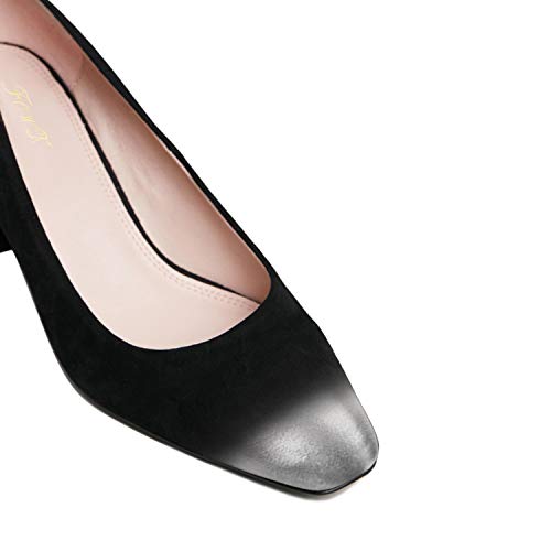 FOWT Women’s Burnished Cap Toe Pumps Two Toned Square Toe Pumps Classic Mid Chunky Heel Pumps Slip On Dress Shoes Party Wedding Office 4-16 M US2