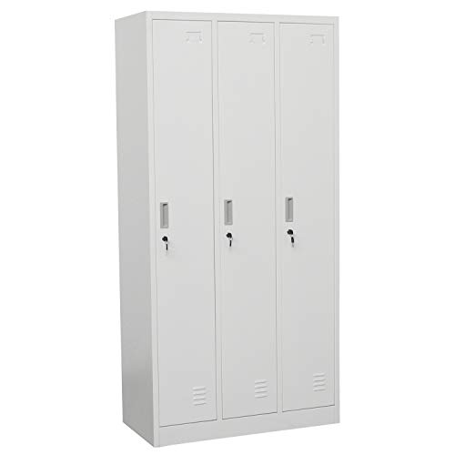OFICINAS MONTIEL Taquilla Vestuario Metálica Blanca con Estantería, Perchero, Cerradura y Llave de 185x90x45cm para Vestuario, Industria, Oficina, Gimnasio, Supermercado, Trabajo (3 Puertas, Blanco)