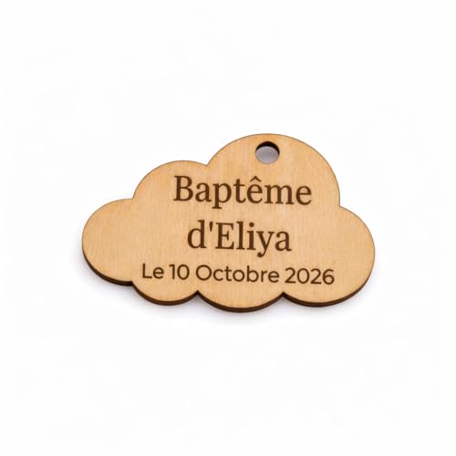 Étiquette en Bois Personnalisée Nuage – 5,5 x 3,5 cm avec Trou – Étiquette Dragées Baptême Anniversaire Communion Prénom et Date