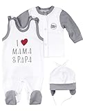 love mama nyc halal Strampler Set besteht aus einem weißen Strampler mit Druckknöpfen im Schulter- und Schrittbereich und einem Langarmshirt sowie einer Mütze zum Binden