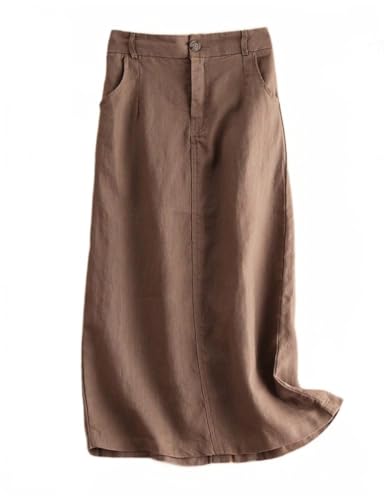 Kinghua Womens Linen Skirt Elastic High Waisted Casual Straight Cotton Linen Midi Skirt with Slit