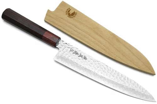 Yoshihiro VG10 46 Layers Hammered Damascus Gyuto Japanese Chefs Knife (Octagonal Shitan Rosewood Handle) (8.25