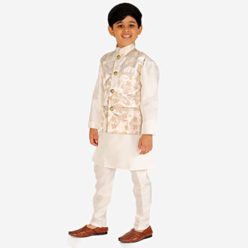 Image of Pro-Ethic Style Developer Kurta Pajama For Kids Boys With Waistcoat | Silk | Floral | Traditional Dress (S-209)