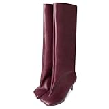 VOZTOLLS Women's Knee High Boots Wide Calf Square Toe High Heel Tall Boots Pull On Leather Slouchy Long Boots Fahion Dress Boots Burgundy PU Size 8