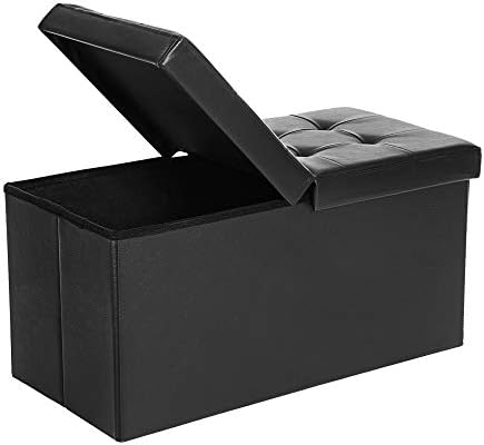 SONGMICS 30 Inches Folding Storage Ottoman Bench with Flipping Lid, Storage Chest Footstool, Faux Leather, Black ULSF45BK,15 × 30 × 15 inches