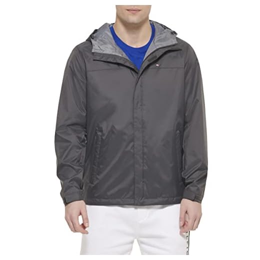 Tommy Hilfiger Men's Lightweight Breathable Waterproof Hooded Jacket, Charcoal, Large