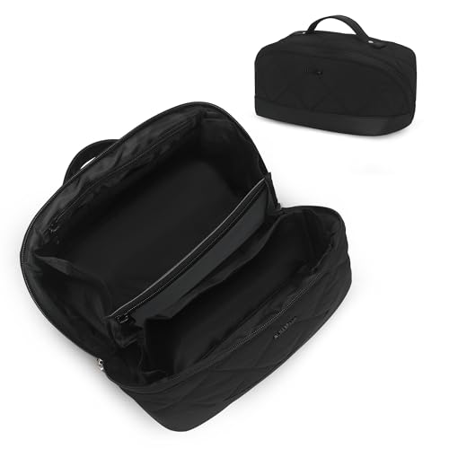 Image of Hynes Eagle Travel Makeup Bag for Women Puffy Cosmetic Organizer Pouch Open Flat Toiletry Bag for Toiletries Brushes Structured Base Jet Black